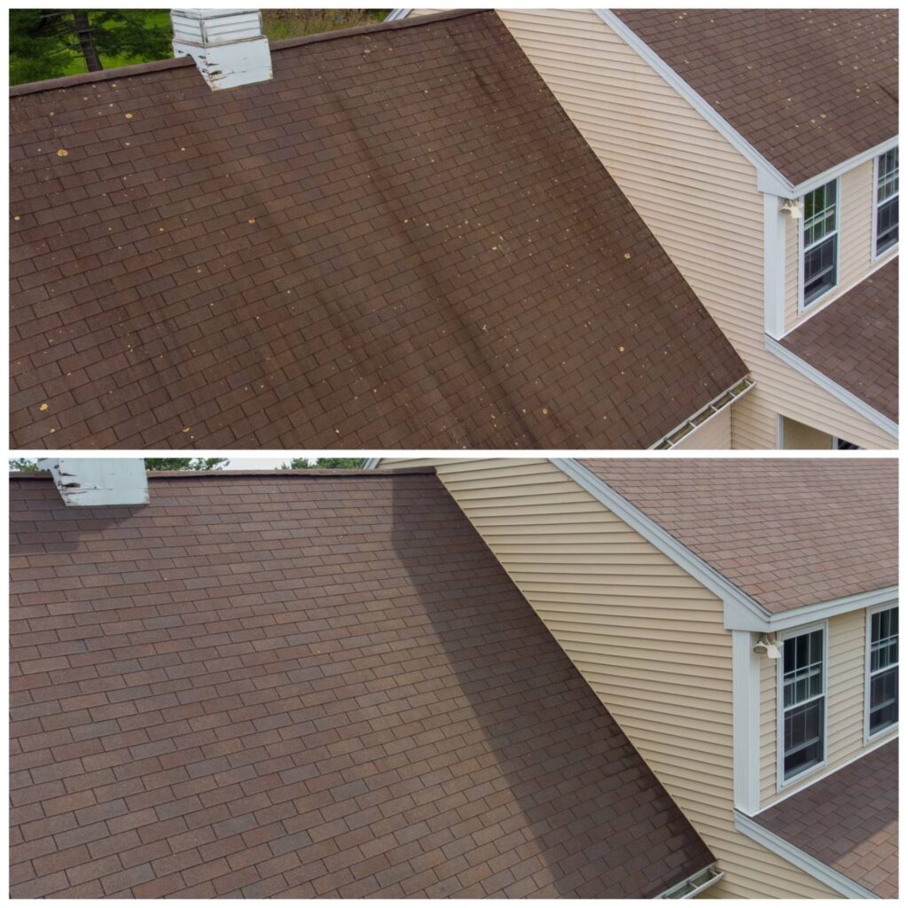 Before and After of soft wash roof cleaning on a residential home