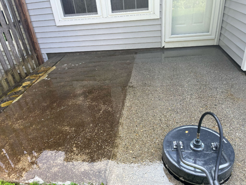 Before and after of concrete patio cleaning