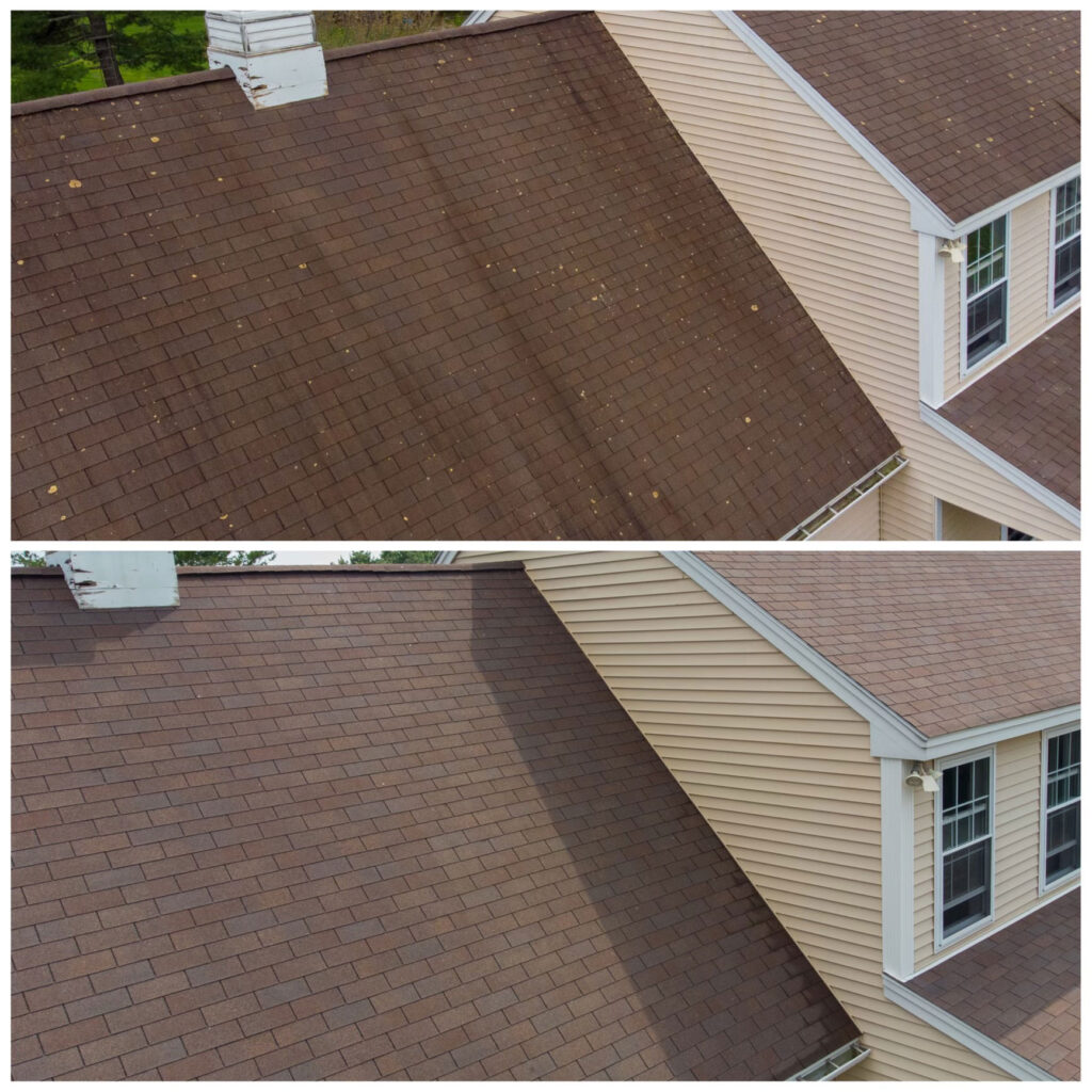 Residential roof powerwashing before & after